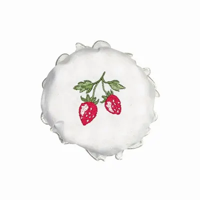 Jam lid cover Strawberry, White w/embroidery