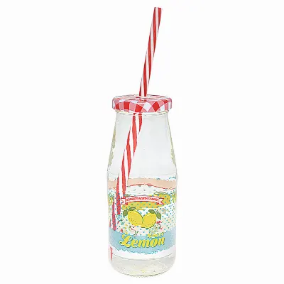 Bottle Limona, Pale blue w/lid and straw