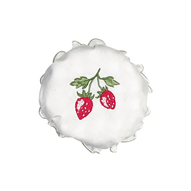 Jam lid cover Strawberry, White w/embroidery