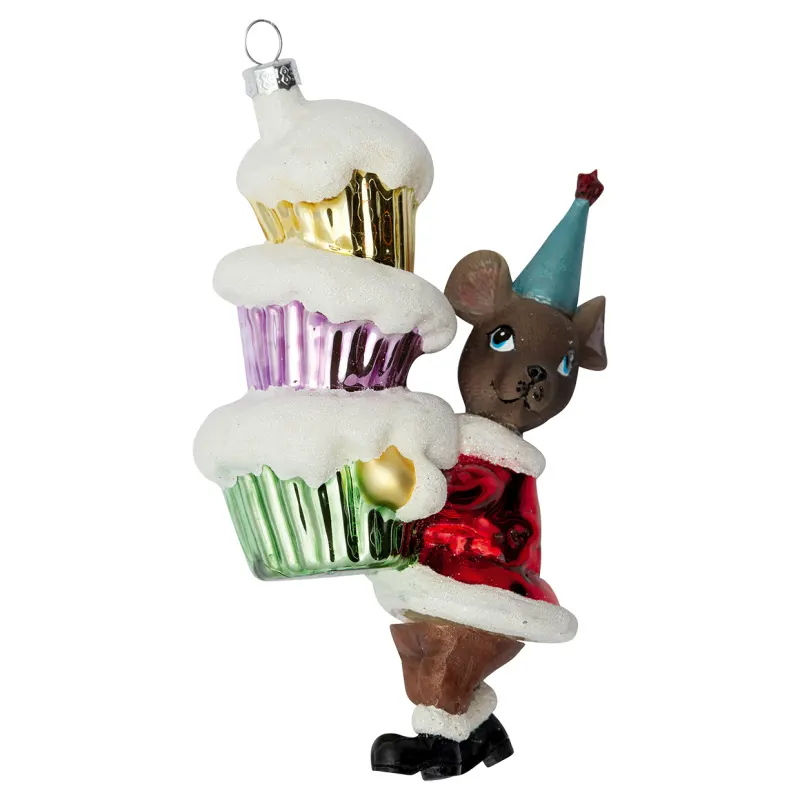 Ornament glass Mouse, Red w/cakes