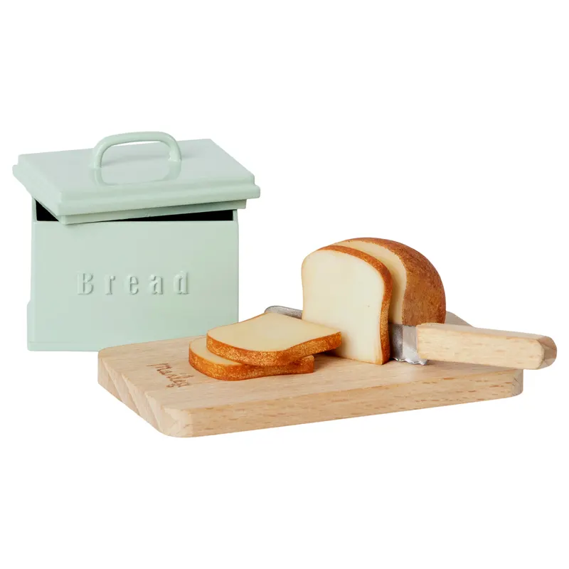 Miniature bread box w. cutting board and knife